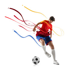 Wall Mural - Contemporary art collage. Conceptual design with little boy, child in male adult legs playing football. Dribbling