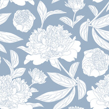 Seamless Floral Pattern With White Peony On A Blue Background.
