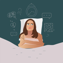 A Young Woman Suffers From Insomnia, The Cause Of Mental Problems, Insomnia Of Ideas. The Girl Lies In Bed, Thinking About The Deadlines, An Upset Event, Cannot Relax. Vector Illustration Of Character