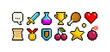 8-bt game pixel objects set - editable vector. Retro game loot icons in 8 bit style.  Pixel graphic prize signs and symbols. Pixel heart, tropy cup, bomb, cherry, chest, star, food, scroll, medal, etc