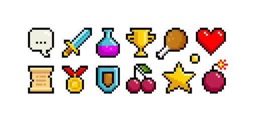 Wall Mural - 8-bt game pixel objects set - editable vector. Retro game loot icons in 8 bit style.  Pixel graphic prize signs and symbols. Pixel heart, tropy cup, bomb, cherry, chest, star, food, scroll, medal, etc