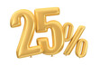 Golden percent balloons on an isolated white background. 3d render illustration. Twenty five percent.
