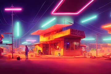 neon gas station at night