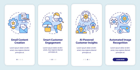 Wall Mural - AI technology in marketing onboarding mobile app screen. Progress walkthrough 4 steps editable graphic instructions with linear concepts. UI, UX, GUI template. Myriad Pro-Bold, Regular fonts used