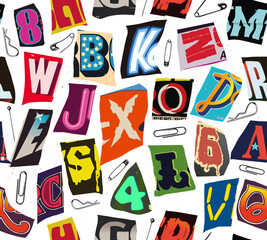 Colorful seamless vector pattern alphabet letters and numbers clippings in typographic composition with pins and clips in the style of grunge,punk and ransom color design.