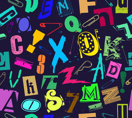 Wall Mural - Colorful seamless vector pattern alphabet letters clippings in typographic composition with pins and clips in the style of grunge, punk and ransom color design on dark black background.