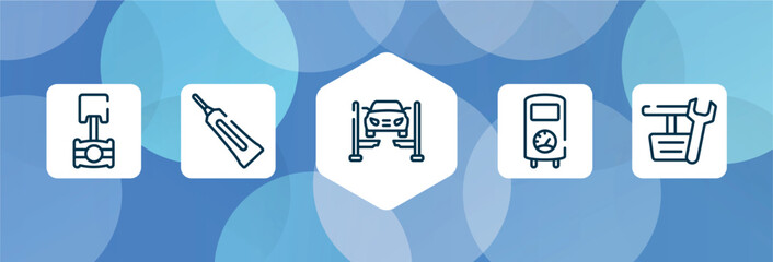 car repair outline icon set isolated on blue abstract background. thin line icons such as piston, caulk, car lift, boiler, pedals vector. can be used for web and mobile.