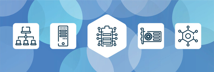 artificial intelligence outline icon set isolated on blue abstract background. thin line icons such as site map, computer tower, battery status, gpu, nanotechnology vector. can be used for web and