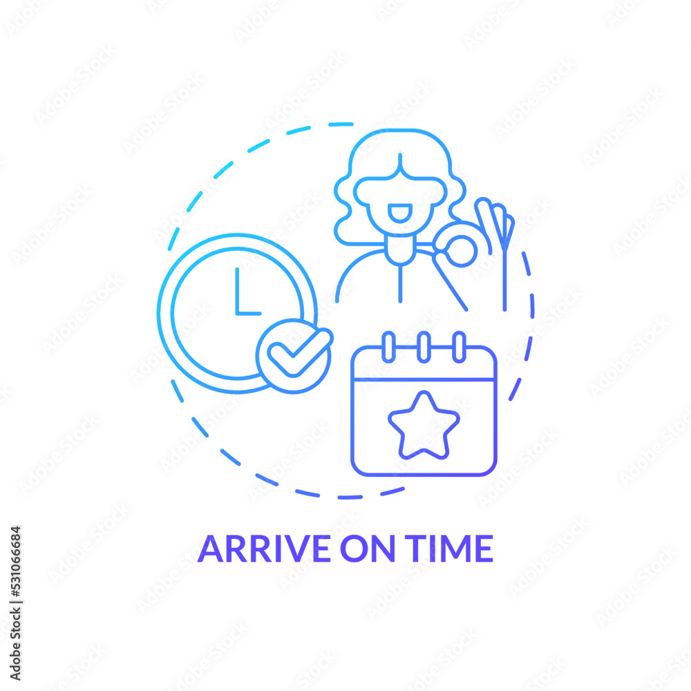Vetor Arrive on time blue gradient concept icon. Punctuality. Common ...
