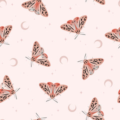 Wall Mural - Seamless pattern with pink moth and moon. Vector background. Texture for print, textile, fabric, packaging.