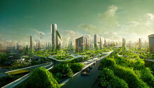 Spectacular Eco-futuristic Cityscape Full With Greenery, Skyscrapers, Parks, And Other Manmade Green Spaces In Urban Area. Green Garden In Modern City. Digital Art 3D Illustration.