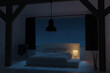© Brilliant Eye - 3D rendering of bedroom at attic with cozy low bed at night