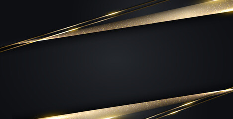 Wall Mural - 3D modern luxury banner web template design black and gold stripes with golden glitter line light sparking on dark background