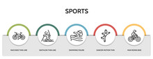 Set Of 5 Thin Line Sports Icons With Infographic Template. Outline Icons Including Race Bike Thin Line, Biathlon Thin Line, Swimming Figure Dancer Motion Man Riding Bike Vector. Can Be Used Web And