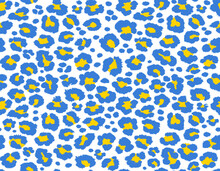 Abstract Animal Skin Leopard Seamless Pattern Design. Jaguar, Leopard, Cheetah, Panther. Blue And Yellow Seamless Camouflage Background Print.