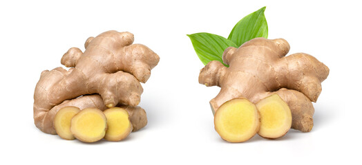 Close up, Fresh ginger rhizome with sliced and green leaves isolated on white background