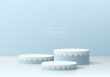 Realistic Blue, White 3D Cylinder Pedestal Podium Set In Serrated Pattern Style With Pastel Background. Abstract Minimal Scene Mockup Products, Stage Showcase, Promotion Display. Vector Geometric Form