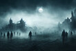 landschaft mit zombie silhouetten. halloween nachtszene mit verlorenen seelen, generative ai technology