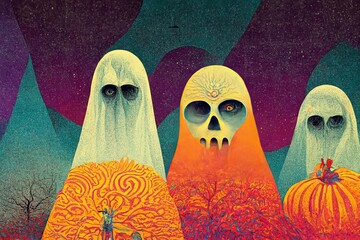 Wall Mural - Halloween Background colorful with ghosts and pumpkins 