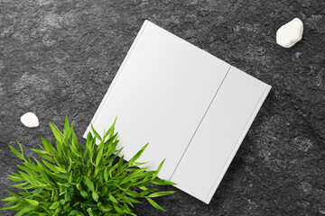 Clean minimal cover square book mockup on dark stone with plant and stone