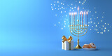 Fototapeta  - 3d rendering Image of Jewish holiday Hanukkah with menorah or traditional Candelabra,gif box, doughnut on a  blue background.