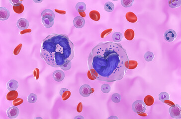 Wall Mural - Chronic Myelogenous Leukemia (CML) cells in the blood flow - closeup view 3d illustration