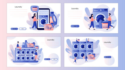 Wall Mural - laundry service. tiny people laundry in washing machine. laundromat, home appliance, housekeeping co