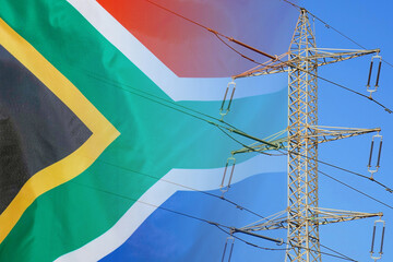 south africa flag on electric pole background. power shortage and increased energy consumption in so