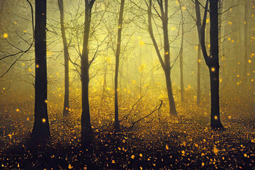 Wall Mural - enchanted forest during leaf fall, mysterious golden mist in the woods at dusk. generative ai illust