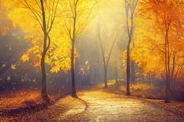 Wall Mural - falling leaves in autumn park, yellow and red maple trees along a sunlit alley. generative ai illust