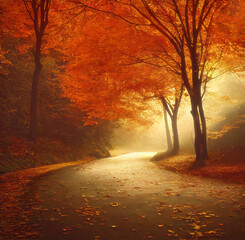 Wall Mural - Misty morning in autumn park, red maple trees along an alley, square format. Generative AI illustration