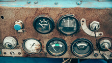 The Rusty Steel Dashboard Of A Very Old Tractor Close-up