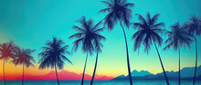 Illustration Beach Palm Trees Sea Waves Beautiful Sunset Sky
