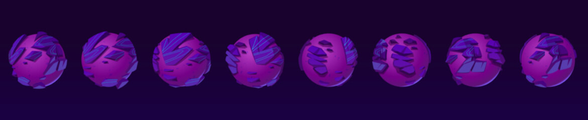 Wall Mural - Purple planet turnaround animation, violet globe with rocky surface rotation sprite sheet, sequence frame of turning and moving around of orbit. Alien planet in space, Cartoon vector illustration