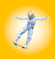 Wall Mural - astronaut balancing on a skateboard, light yellow background. 3d illustration