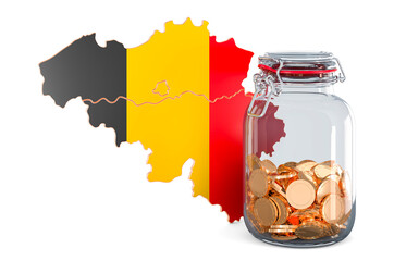 Poster - Belgian map with glass jar full of golden coins, 3D rendering