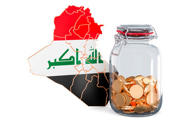 Wall Mural - Iraqi map with glass jar full of golden coins, 3D rendering