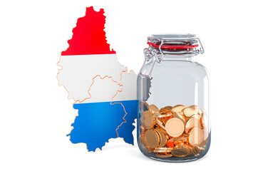 Wall Mural - Luxembourgish map with glass jar full of golden coins, 3D rendering