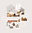 New year and Christmas snowy winter landscape with coniferous forest, pines, cottages, train and cable car. Flat vector illustration for poster, banner, card, postcard, event icon logo or badge.