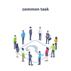 isometric vector illustration on a white background, a question mark and people in business clothes around it, a common problem or task