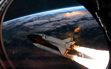 Wall Mural - space shuttle in orbit of the planet earth. view from window of spacecraft. solar system. science fi
