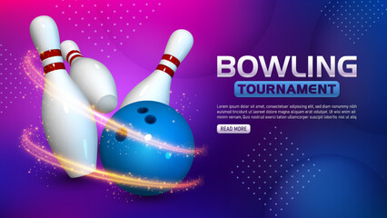 Wall Mural - Bowling Tournament Template, Realistic Bowling Strike. Widescreen Vector Illustration