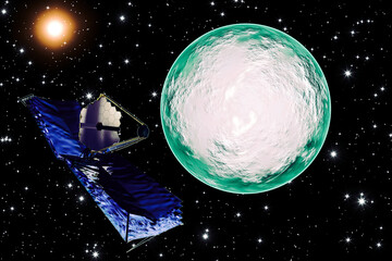 Wall Mural - icy planet and a satellite. space scene.the elements of this image furnished by nasa.