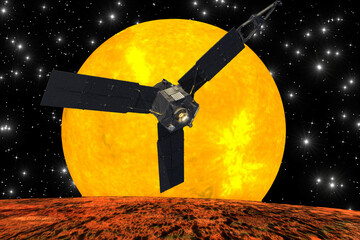 Wall Mural - a satellite observes spectacular alien planet against a solar star. the elements of this image furni