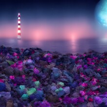 Beautiful Beach With Lighthouse And Colored Stones At Night