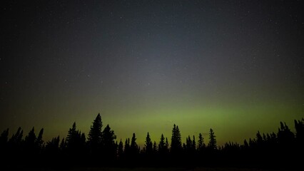 Wall Mural - brilliant aurora flashing on the horizon with fast moving stars rotating around the north star. silh
