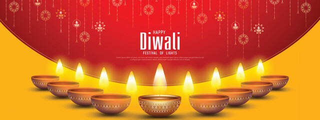 Happy Diwali - festival of lights colorful banner template design with decorative diya lamp. vector illustration.