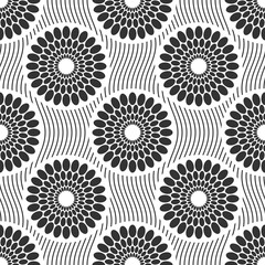 Wall Mural - Seamless african fashion vector pattern with circles. Round shapes, wavy lines. Black and white illustration.