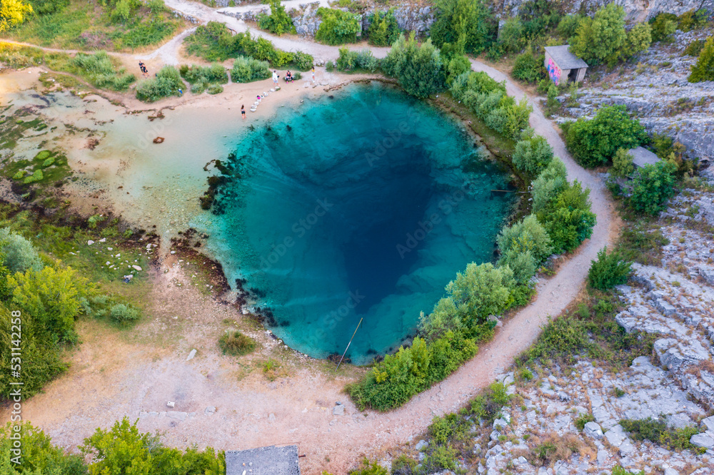 Aerial view about Cetina River Spring (Izvor Cetine), also known as the ...