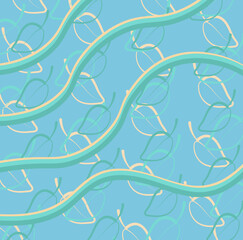 Wall Mural - Vector color hand drawing abstract waves on a sea background with leaves. Blue abstract marine texture.